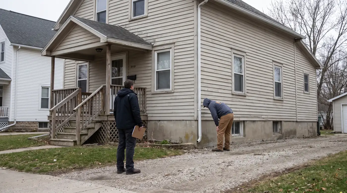 Two professionals outside a residential house, one standing with a clipboard near the front steps and the other crouched examining the foundation wall.